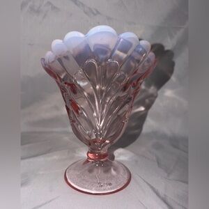 Pink Opalescent Glass Vase, Decorative, Scalloped Rim, Pedestal Base, 6.5" Tall